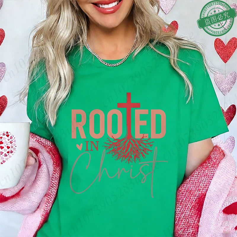 Rooted in Christ T-Shirt Women Vintage Tree Faith Root Graphic Tops Casual Christian Religious Short Sleeve Tee Female Clothing