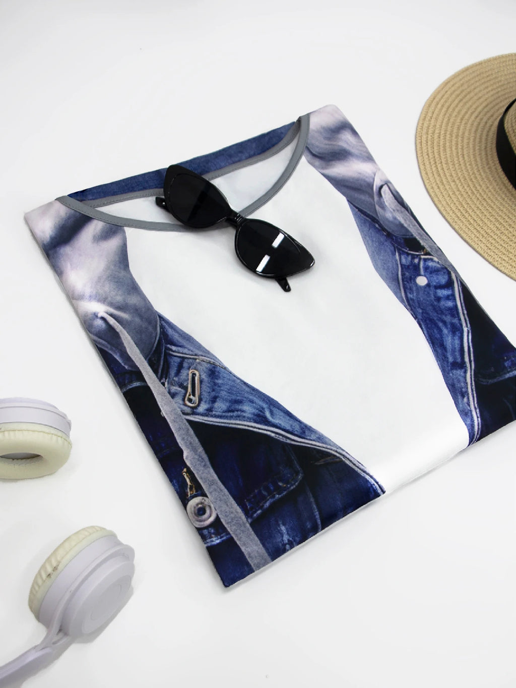 Plus size women's imitation denim casual short sleeved round neck top Western style denim style T-shirt versatile comfortable