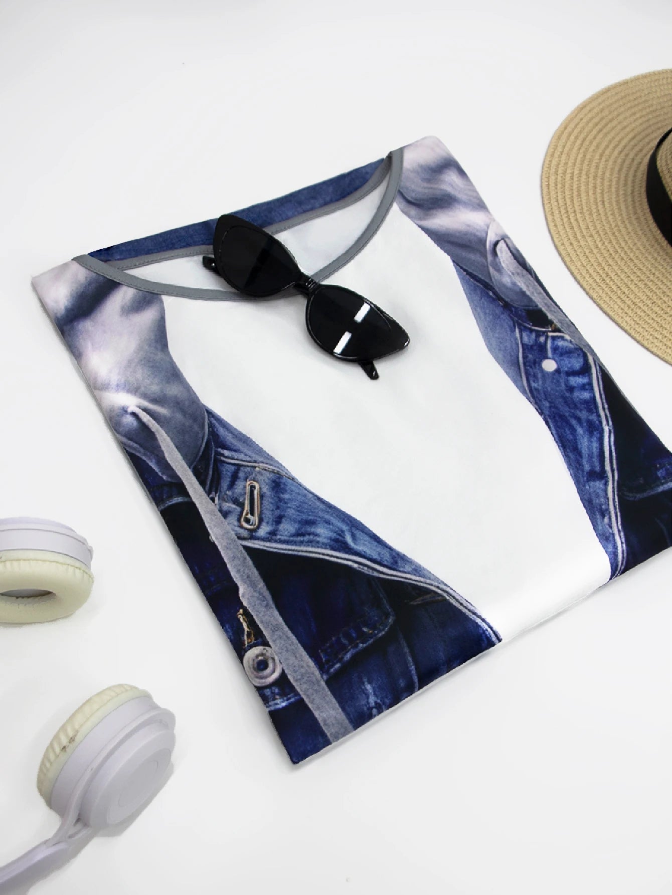 Plus size women's imitation denim casual short sleeved round neck top Western style denim style T-shirt versatile comfortable