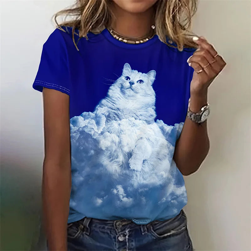 3D Printed Artistic Cat T-Shirt For Women Funny Animal Pet Pattern Tees Summer Casual Short Sleeves Loose T Shirts O-Neck Tops