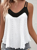 Plus Size Black & White Color Block Eyelet Embroidery Spaghetti Strap Top
