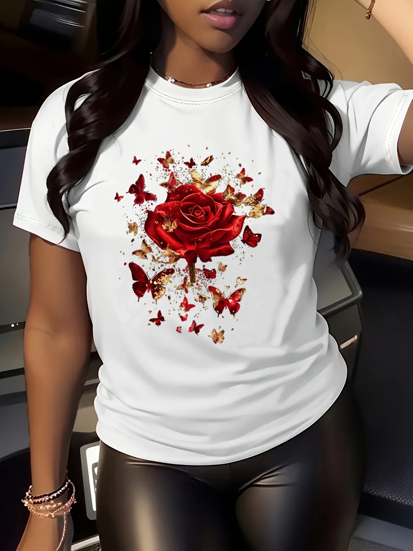Women'S Floral Rose Butterfly Print T-Shirt Casual Crew Neck Short Sleeve Knit Polyester Regular Length Seasons Plus Size Tees