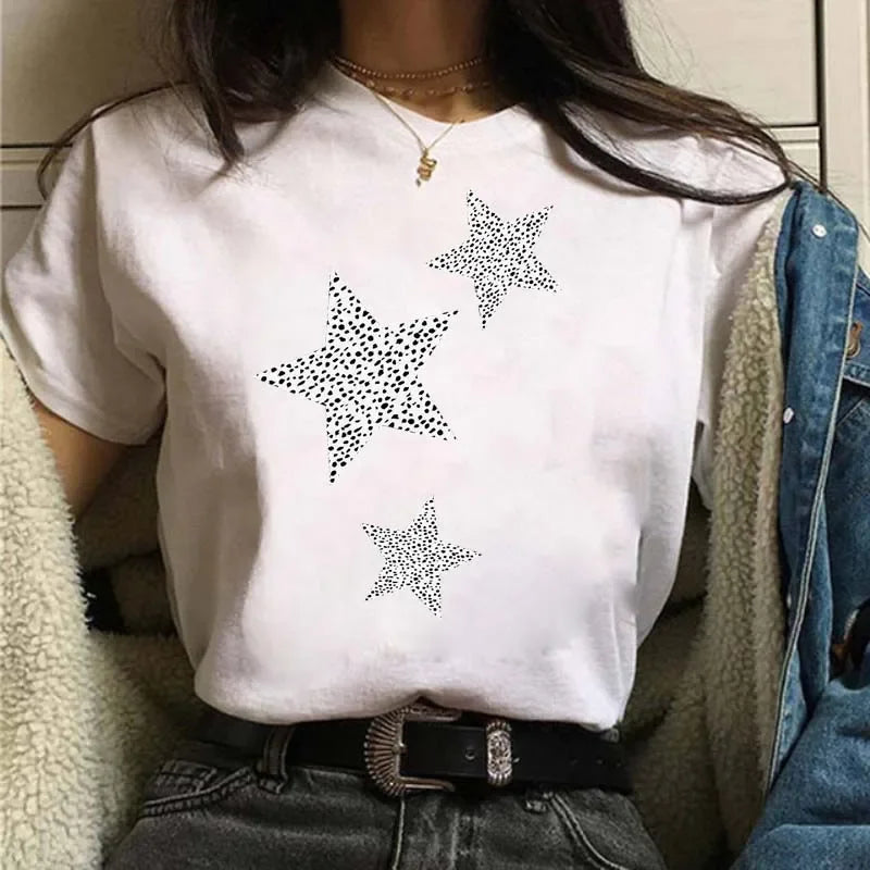 2024 Plus Size Womens Cartoon Graphic Star Printing T-shirts 90s Girls Style Casual Fashion Aesthetic Printed Female Top Tees