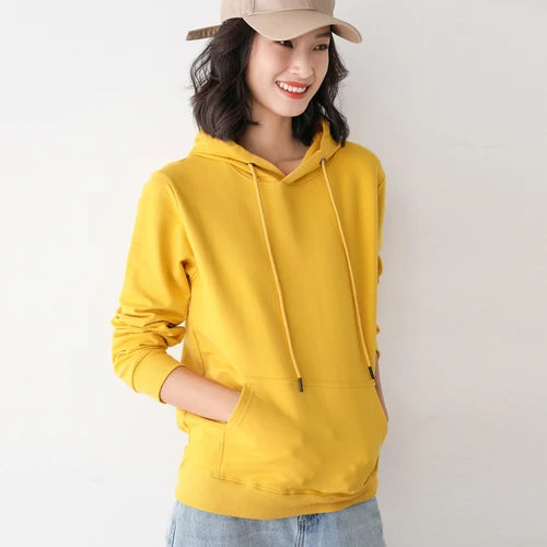 Women Hoodies 100% Cotton Spring Autumn Loose Long Sleeve Pullovers Solid Casual Ladies Outerwear Hooded Hoodie Womens Clothing