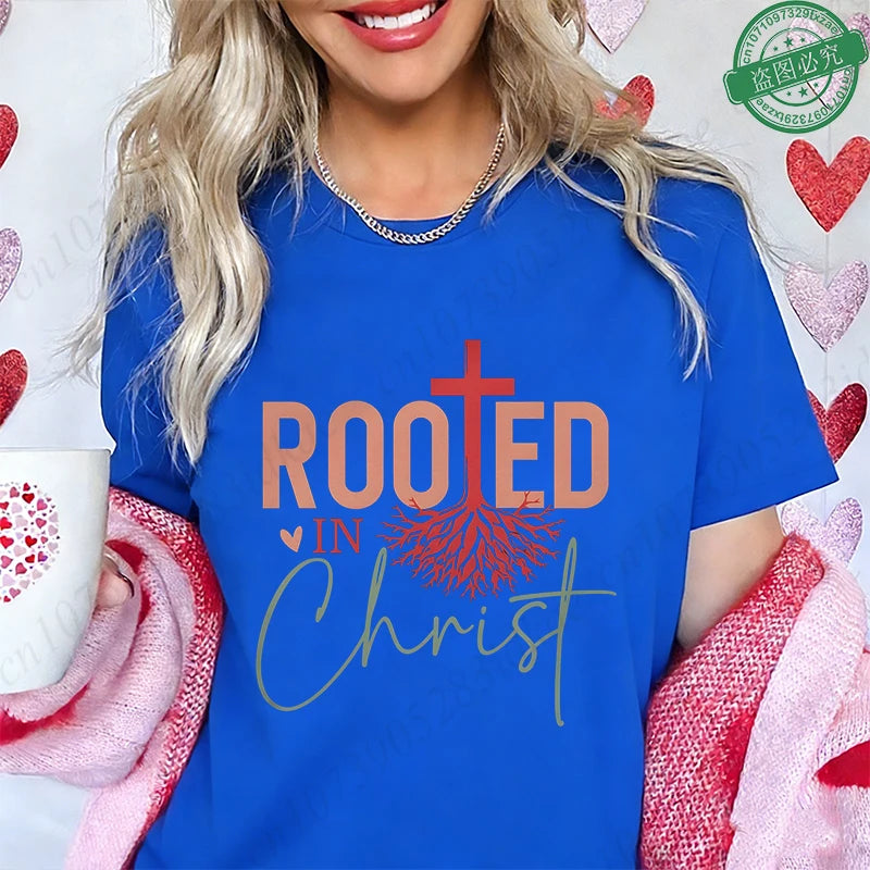 Rooted in Christ T-Shirt Women Vintage Tree Faith Root Graphic Tops Casual Christian Religious Short Sleeve Tee Female Clothing