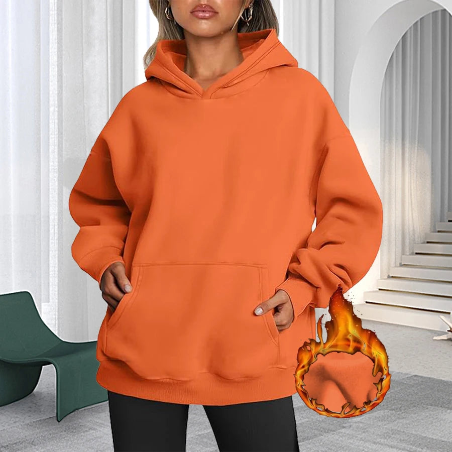 Plus Size Solid Color Kangaroo Pocket Casual Long Sleeve Hoodie, Women's Sweatshirt For Fall & Winter