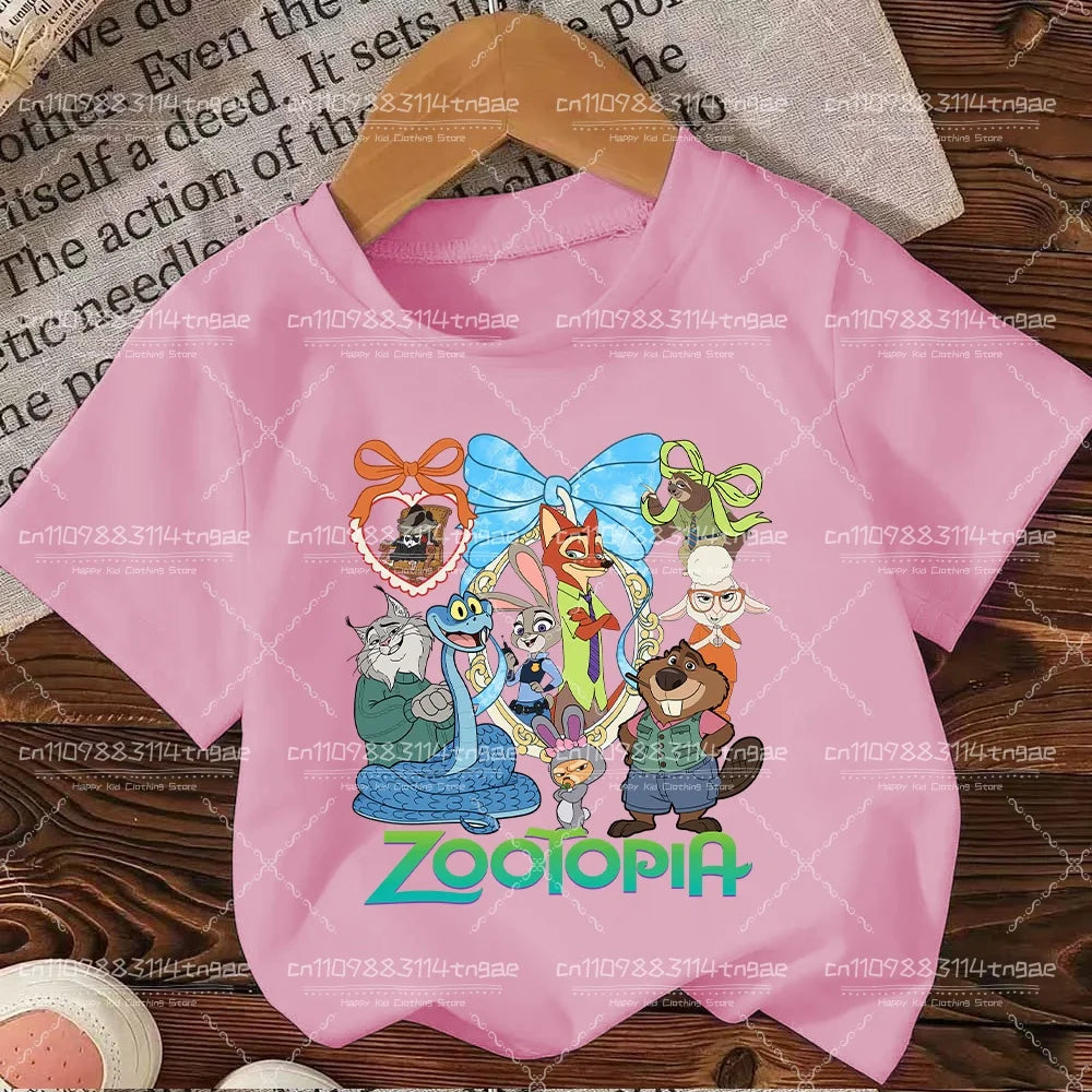 2026 Summer Children Girl Boy Cotton Clothes  Zootopia Cartoon Prints T-shirts Fashion Kid Baby Short Sleeve Crew Neck Top