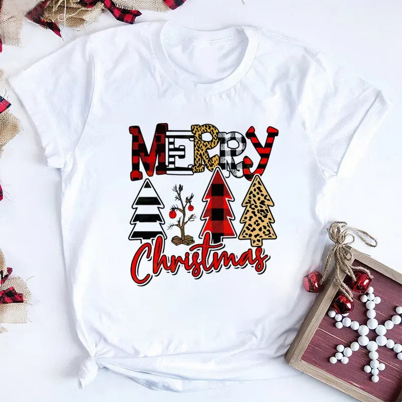 Women Tshirts Merry Christmas Tree Print Red Top Femal New Clothing Short Sleeve 90s Girls Lucky Deer T-shirts Aesthetic Clothes
