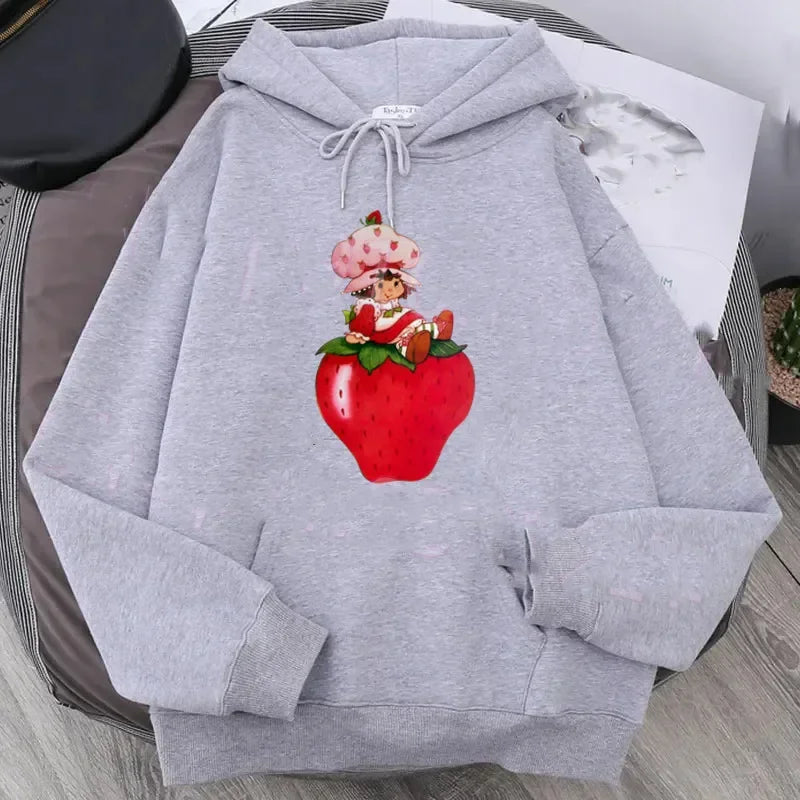 Cartoon Strawberry Women Hoodies Strawberry shortcake Hoodies Tops Long Sleeve Pockets Fashion Hooded Sweatshirts