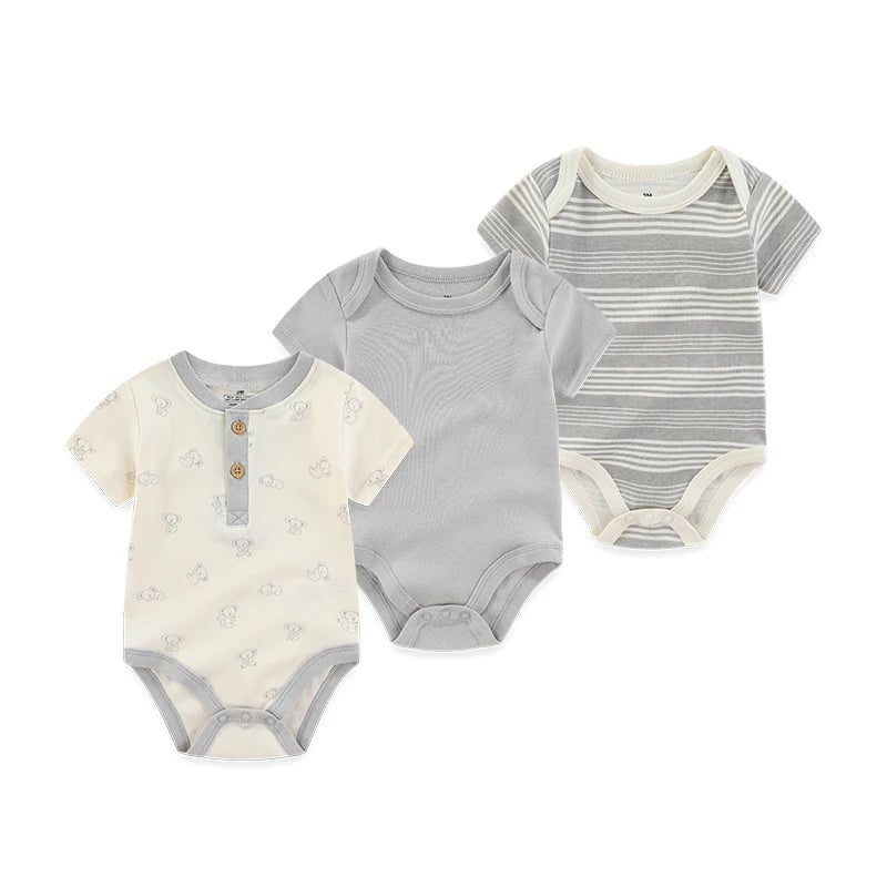 Unisex Cotton Newborn Baby Boy Clothes 3Pieces Summer 0-12M Cartoon Baby Girl Clothes Print Bodysuits Short Sleeve Bebes