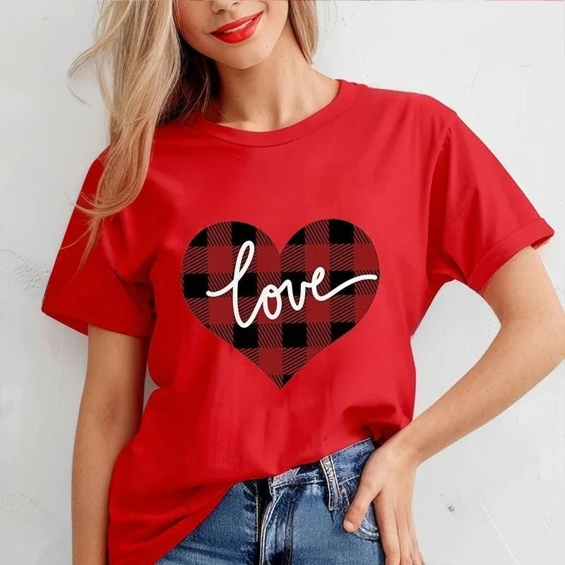 New Tshirts for Women Casual T Shirts Casual Tee Clothes Valentine Leopard Love Heart Printed T-Shirts Hip Hop Street Tops