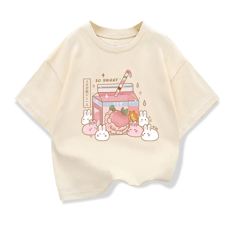 Girls Loose Strawberry Milk Shake Casual T-shirt Kids Short-Sleeve Cartoon Graphic Pink Summer Kids Clothing Tops Tee