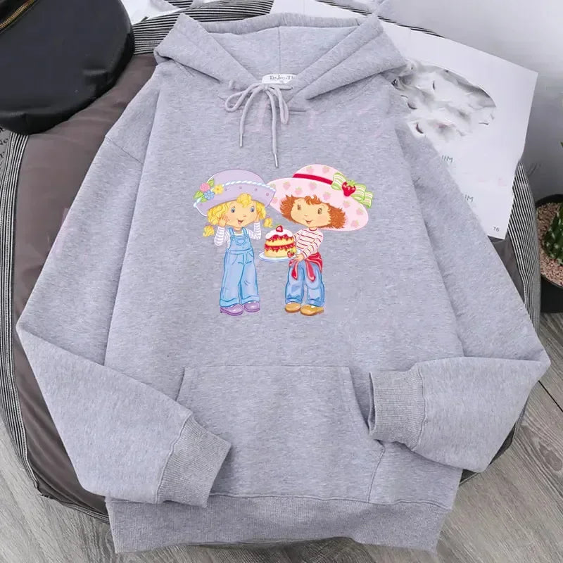 Cartoon Strawberry Women Hoodies Strawberry shortcake Hoodies Tops Long Sleeve Pockets Fashion Hooded Sweatshirts