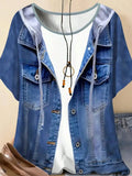 Plus size women's imitation denim casual short sleeved round neck top Western style denim style T-shirt versatile comfortable