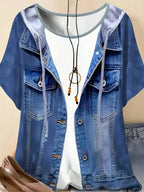 Plus size women's imitation denim casual short sleeved round neck top Western style denim style T-shirt versatile comfortable