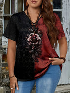 Plus Large size women's floral print V-neck short-sleeved T-shirt casual knitted micro-stretch top pullover
