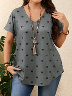 Plus Size Heart Design Pattern Printed T-shirts Summer Fashionable High Quality Short Sleeved Casual Sports V-Neck Pullover Tops