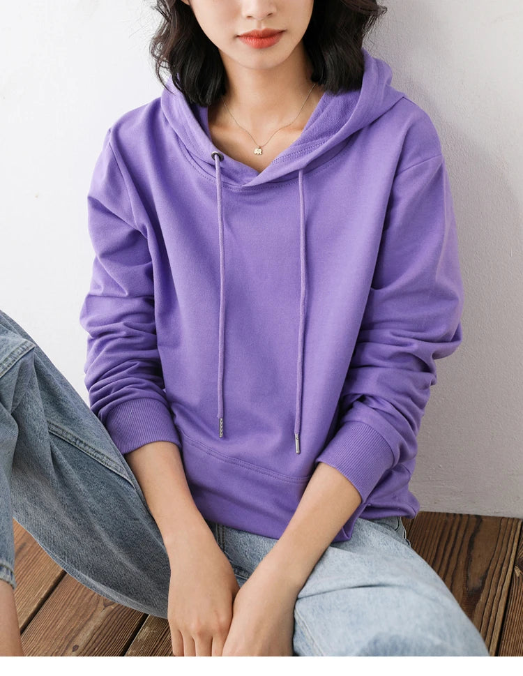 Women Hoodies 100% Cotton Spring Autumn Loose Long Sleeve Pullovers Solid Casual Ladies Outerwear Hooded Hoodie Womens Clothing
