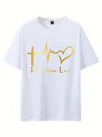 Men's Summer 100% Cotton Fashionable Casual Loose Large Size FAITH HOPE LOVE Printed Sports Round Neck Short Sleeve T-shirt Top