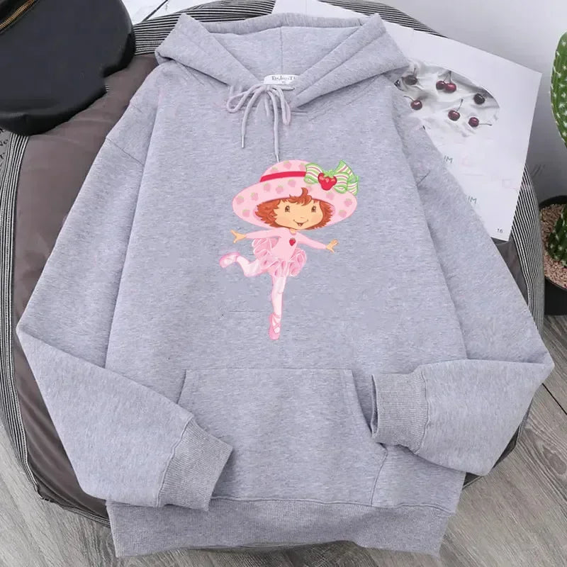 Cartoon Strawberry Women Hoodies Strawberry shortcake Hoodies Tops Long Sleeve Pockets Fashion Hooded Sweatshirts