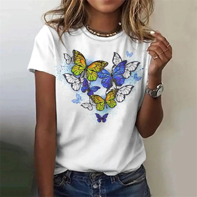 Summer Casual Vintage Women's T-shirts Ladies 3D Print Butterfly O-Neck T Shirt Female Fashion Loose Short Sleeve Tops Tees