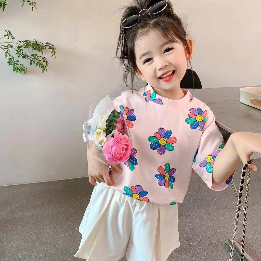 1pcs Summer Kids Flower Print Tops Clothes Girls Korean Style Shirt Children Short Sleeve T-shirts Child Casual Comfort T Shirs