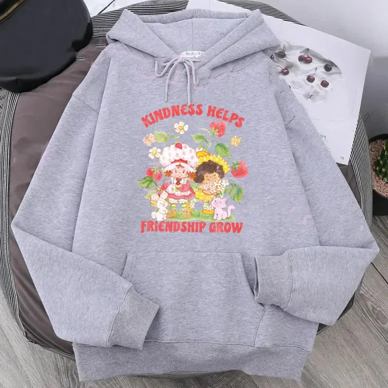 Cartoon Strawberry Women Hoodies Strawberry shortcake Hoodies Tops Long Sleeve Pockets Fashion Hooded Sweatshirts