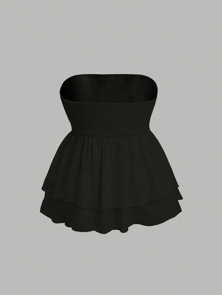 Plus Size Women's 2025 Summer New Sleeveless Tube Holiday Style Solid Color Double Layer Ruffle Swing Tube Women's Tops