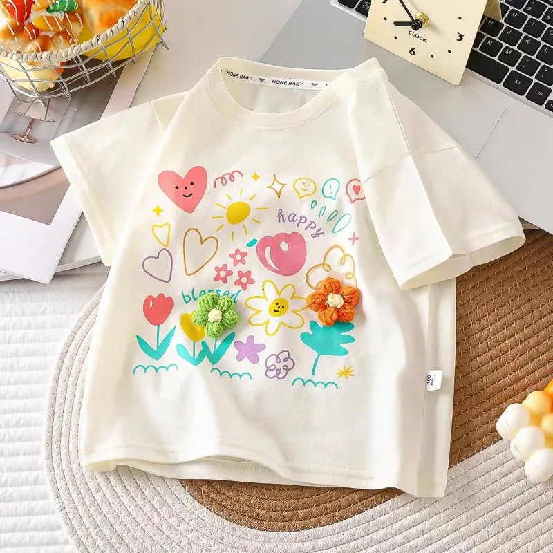 Jumping Meters Flowers Kids Tees Hot Selling Cotton Summer Girls Tshirts Baby Clothes Children's Tees Tops