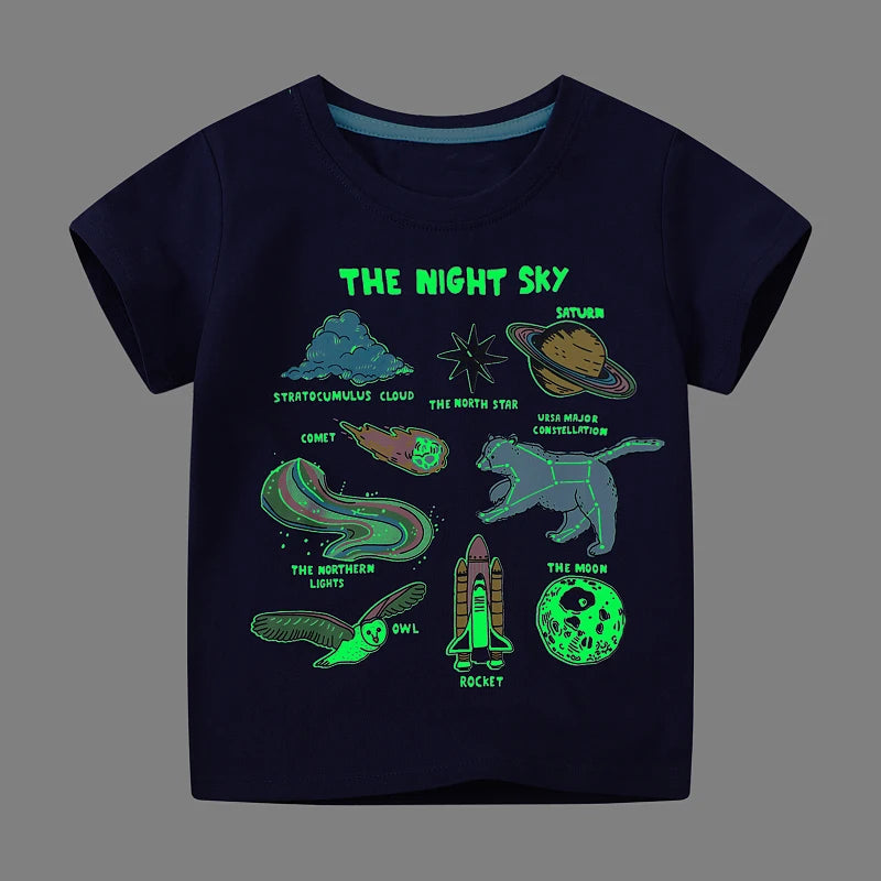 Little maven 2026 New Fashion Boys T-shirt Summer Luminous Dinosaur Animal Cotton Causal Clothes Lovely Tops for Kids 2-7 year
