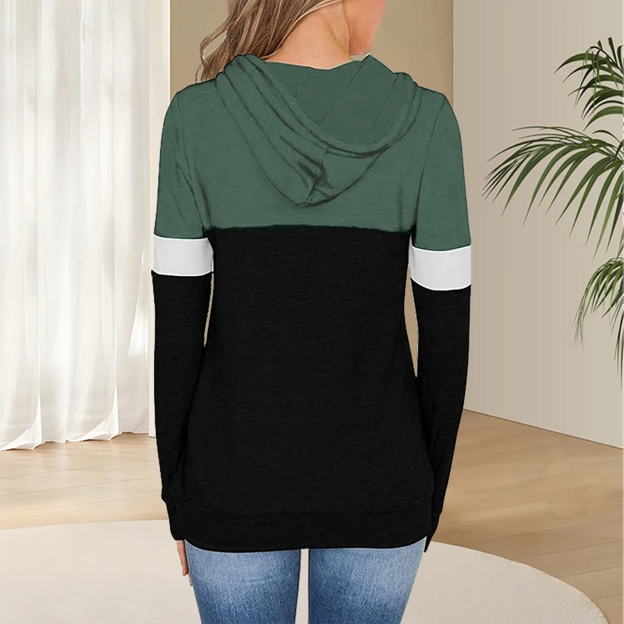 1pc Women'S Plus Size Color Block Hoodie, 95% Polyester 5% Spandex, Geometric Pattern, Slight Stretch, Knit Fabric, Hooded Pullo