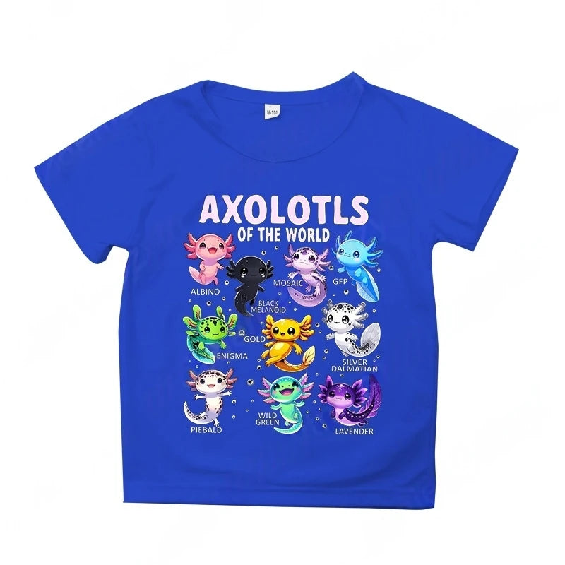 Colorful Cartoon Axolotls Graphic 3D Print T-Shirt Summer Casual Comfy Girls Clothes 2-10Y Short Sleeve T-Shirt for Children Top