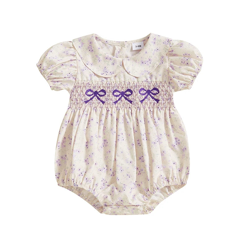 0-18M Infant Baby Girls Bowknot Embroidered Rompers Lovely Floral Print Doll Collar Short Sleeve Bubble Jumpsuits for Newborn