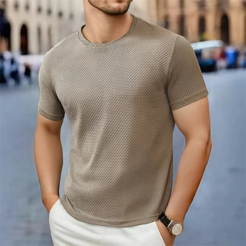 Men's Casual Short Sleeve T-shirt 2025 New Bone Flower Solid Color O-neck Fashion Breathable Comfortable Summer Versatile Top