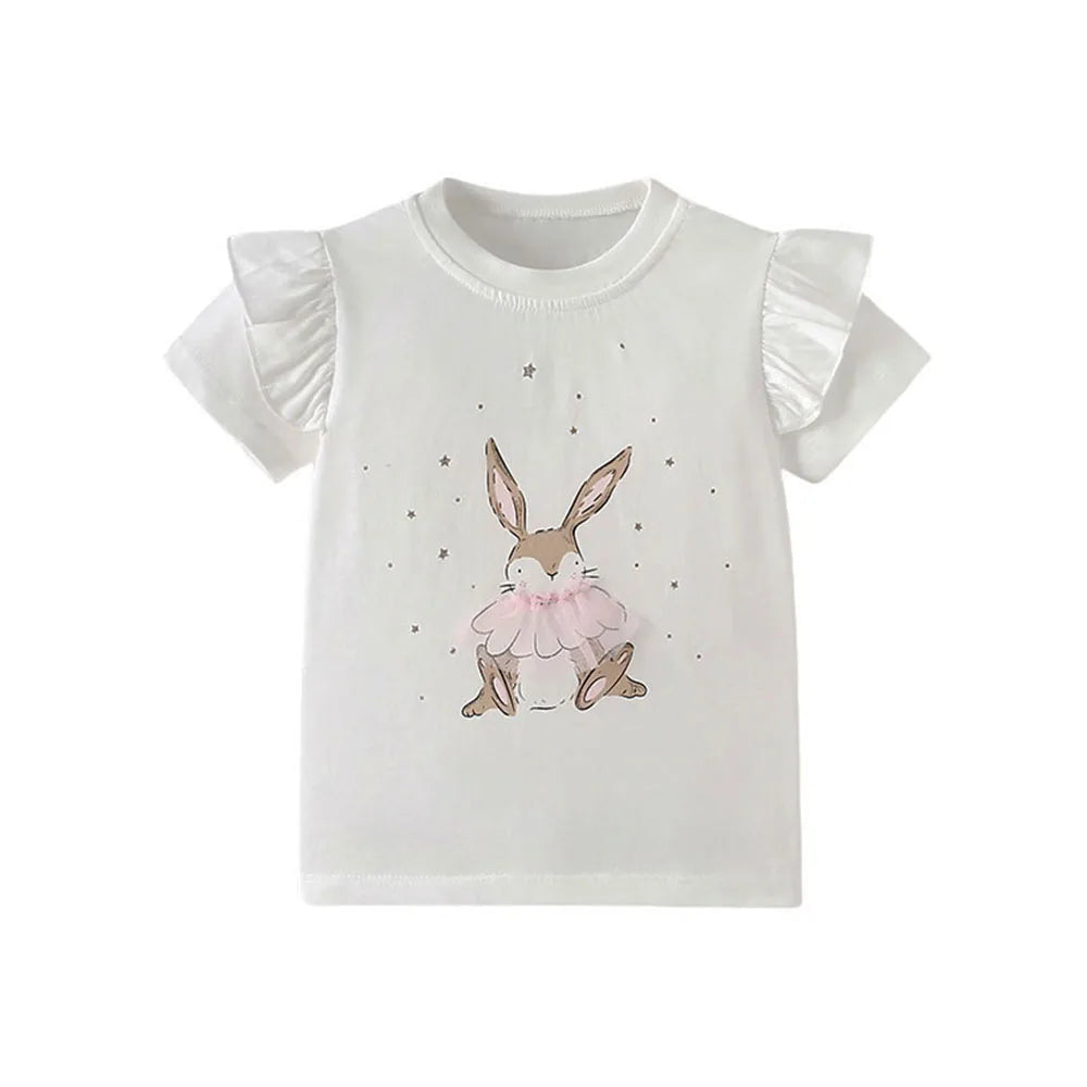 Jumping Meters 3-8T Animals Summer Girls Tshirts Butterflies Applique Short Sleeve Baby Clothes Embroidery Children's Tees