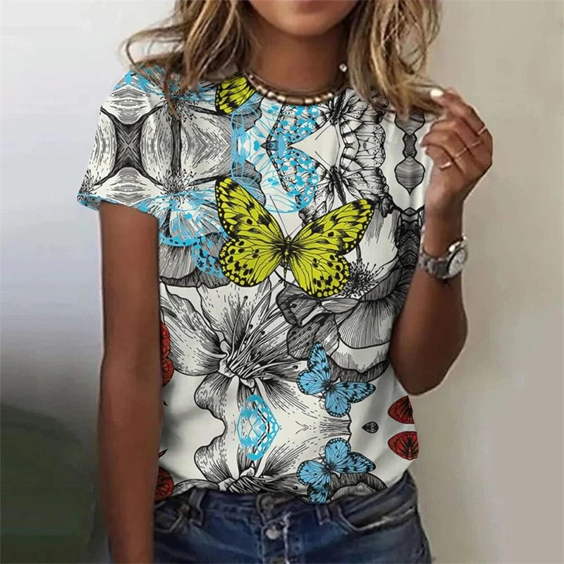 Summer Casual Vintage Women's T-shirts Ladies 3D Print Butterfly O-Neck T Shirt Female Fashion Loose Short Sleeve Tops Tees