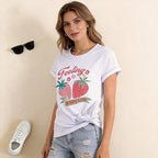 Women's Strawberry Print Graphic T Shirt Spring Summer Crew Neck Short Sleeve Tshirt for Woman Vintage Y2k Tees Tops Clothes