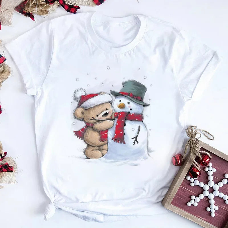 Women Tshirts Merry Christmas Tree Print Red Top Femal New Clothing Short Sleeve 90s Girls Lucky Deer T-shirts Aesthetic Clothes