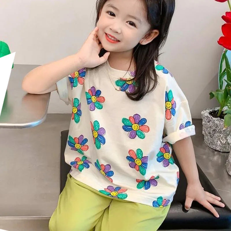 1pcs Summer Kids Flower Print Tops Clothes Girls Korean Style Shirt Children Short Sleeve T-shirts Child Casual Comfort T Shirs