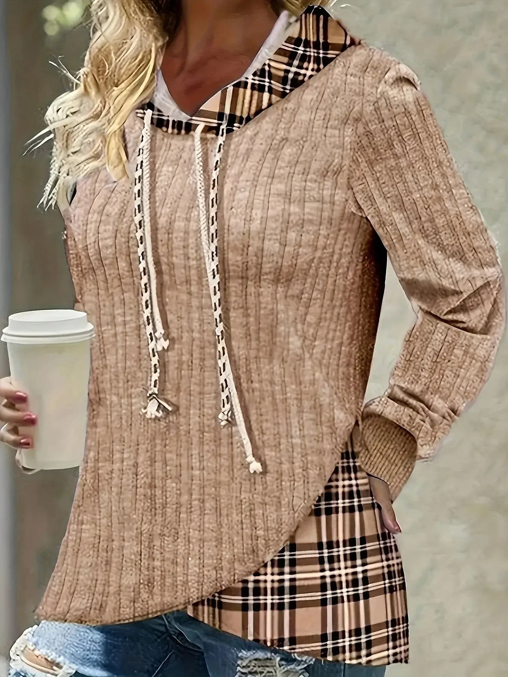 Plus Size 1XL-5XL Women Casual Hoodie Sweatshirt Pullover Long Sleeve Drawstring HoodieWomen's Colorblock Plaid Print