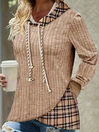 Plus Size 1XL-5XL Women Casual Hoodie Sweatshirt Pullover Long Sleeve Drawstring HoodieWomen's Colorblock Plaid Print