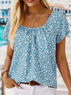 Plus Size Floral print pleated t-shirt, casual short-sleeved T-shirt spring and summer