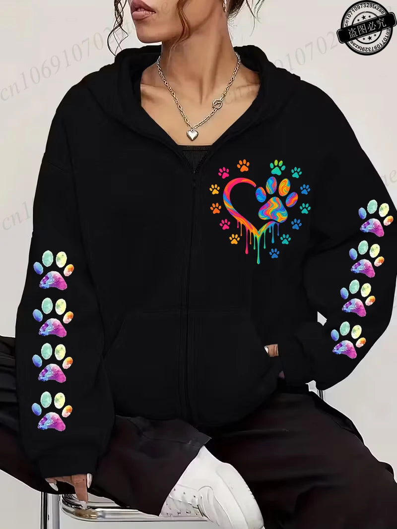 Women Zip Up Hoodies Watercolor Paw Printed Zipper Jackets Coats Autumn Winter Hoody Sweatshirt Fashion Casual Zip Up Hoodie Top