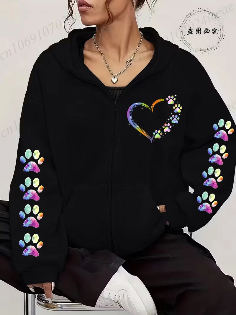 Women Zip Up Hoodies Watercolor Paw Printed Zipper Jackets Coats Autumn Winter Hoody Sweatshirt Fashion Casual Zip Up Hoodie Top