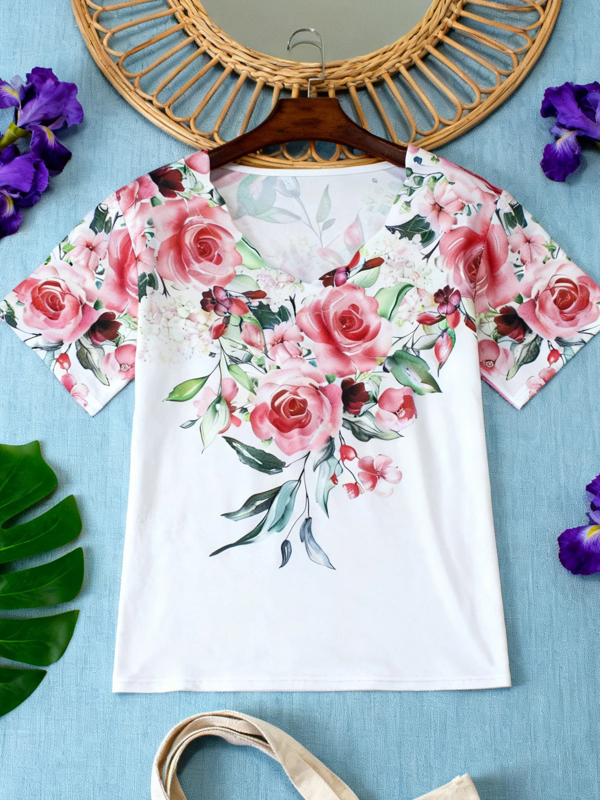 Spring Summer Plus Size Floral Print Wave V-Neck Short Sleeve T-Shirt for Women
