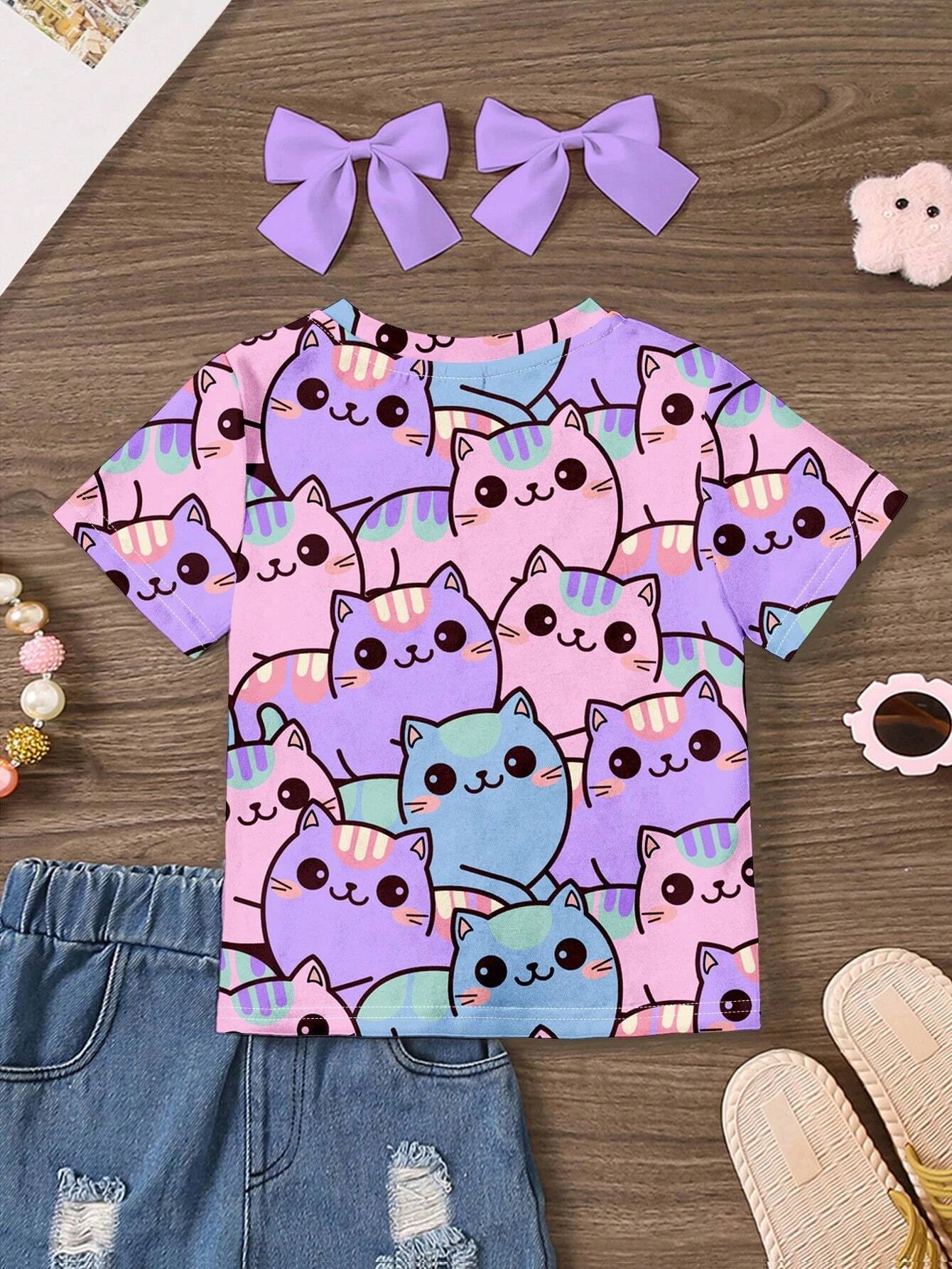 Girl Clothing Summer 3D Print T-Shirt Kawaii Cat Graphic Kids Girls Clothes Outdoor Short Sleeve Causal Children Top for Girls