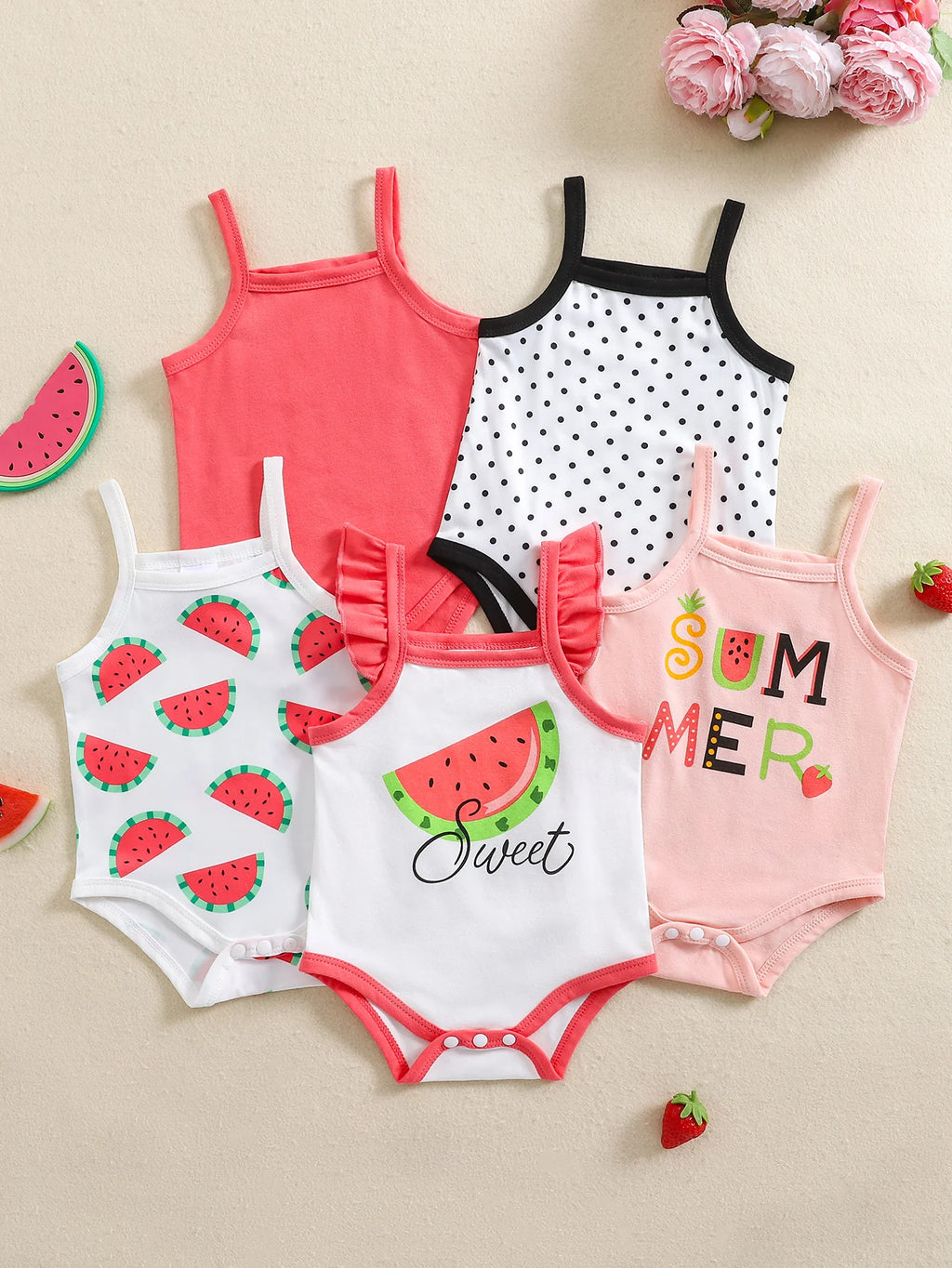 Baby Girl Spring and Summer Sweet Strap Romper with Popular Fruit Print, 5-Pack in Mixed Colors