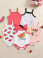 Baby Girl Spring and Summer Sweet Strap Romper with Popular Fruit Print, 5-Pack in Mixed Colors