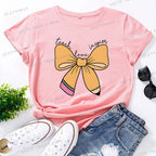 Women's Inspirational Teacher Graphic T Shirt Pencil Bow Design Short Sleeve Tee Gifts for Teacher's Day Crew Neck Classic Tops
