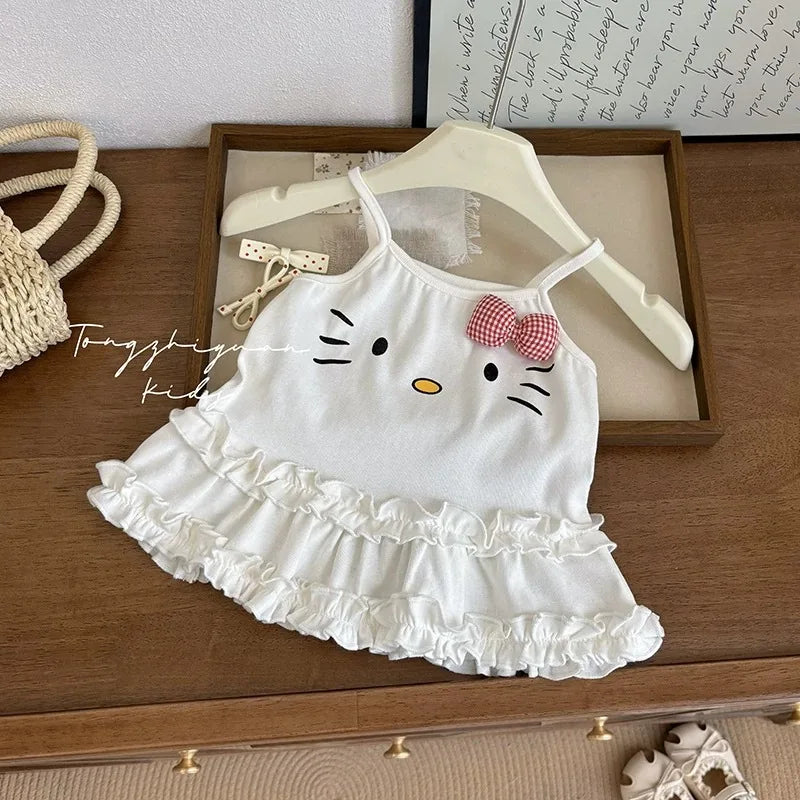 2026 Baby Girls Summer Clothing Cute Cat Plaid Bow Lace Halter Tops Tees Shirts Fashion Kids Children Cotton Casual Clothes
